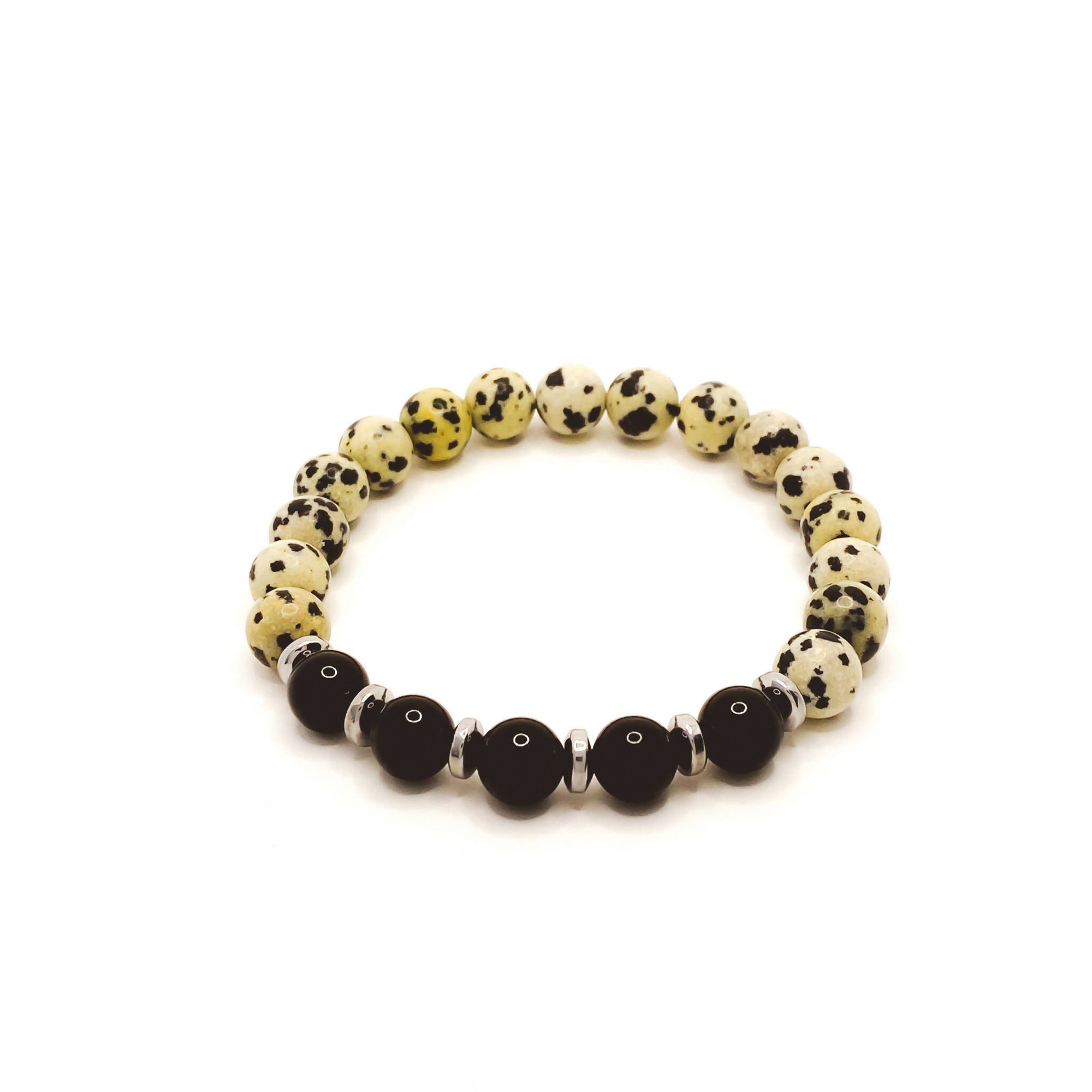 White Lotus Gems | 8mm Gemstone Bracelet Dalmatian Jasper and Black Onyx