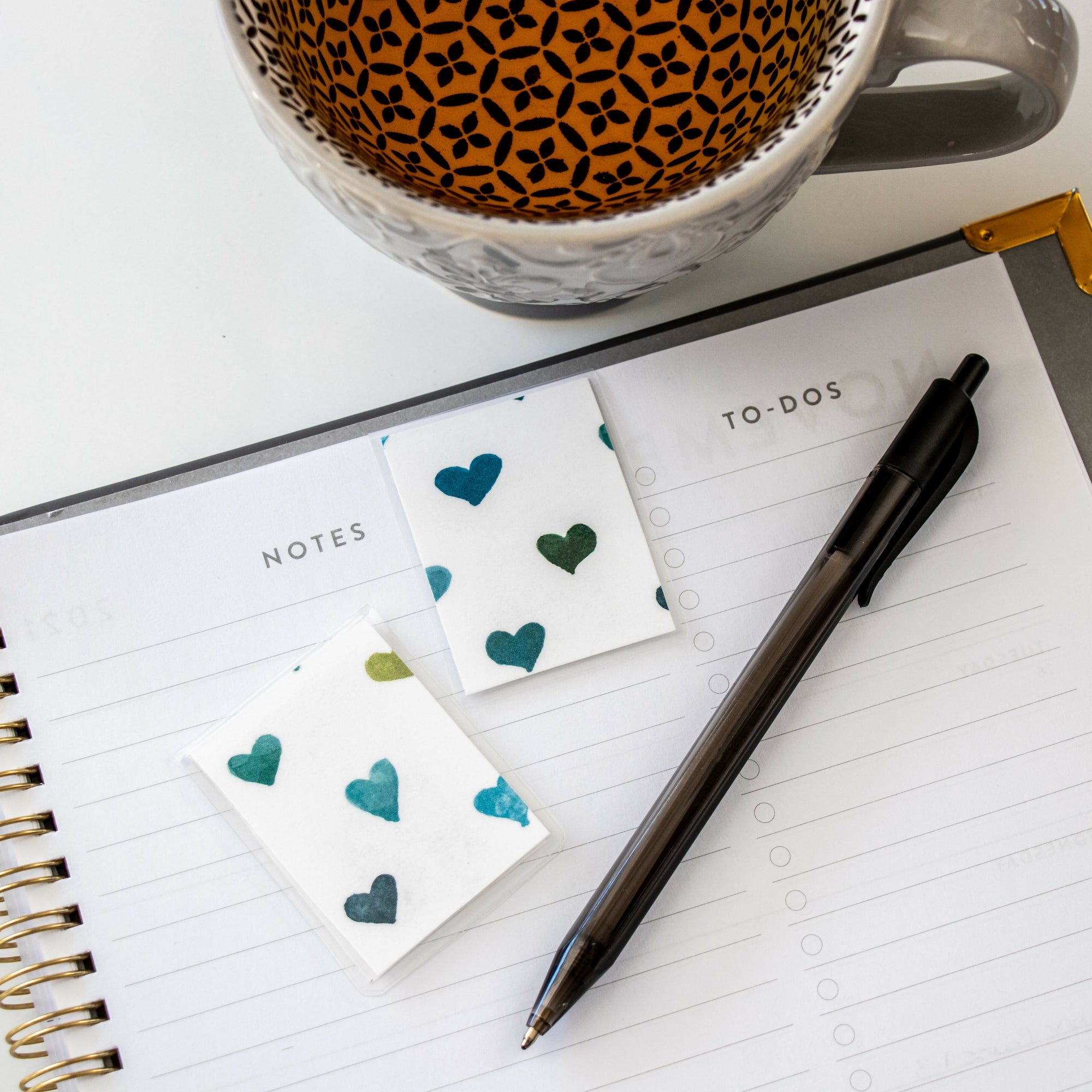 Blue Hearts in Agenda with Tea & Pen