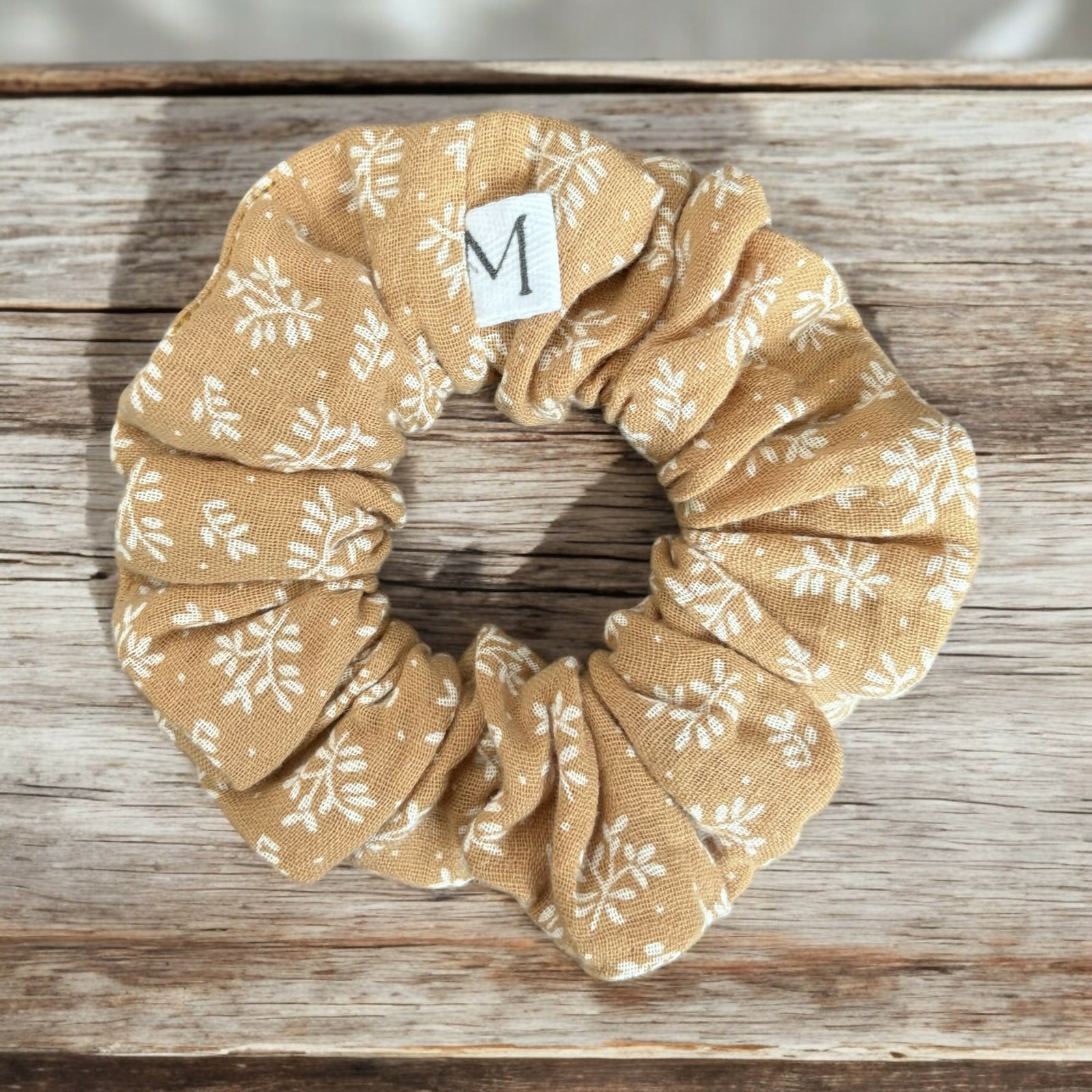 Mimily Boutique | Mustard scrunchie with white foliage