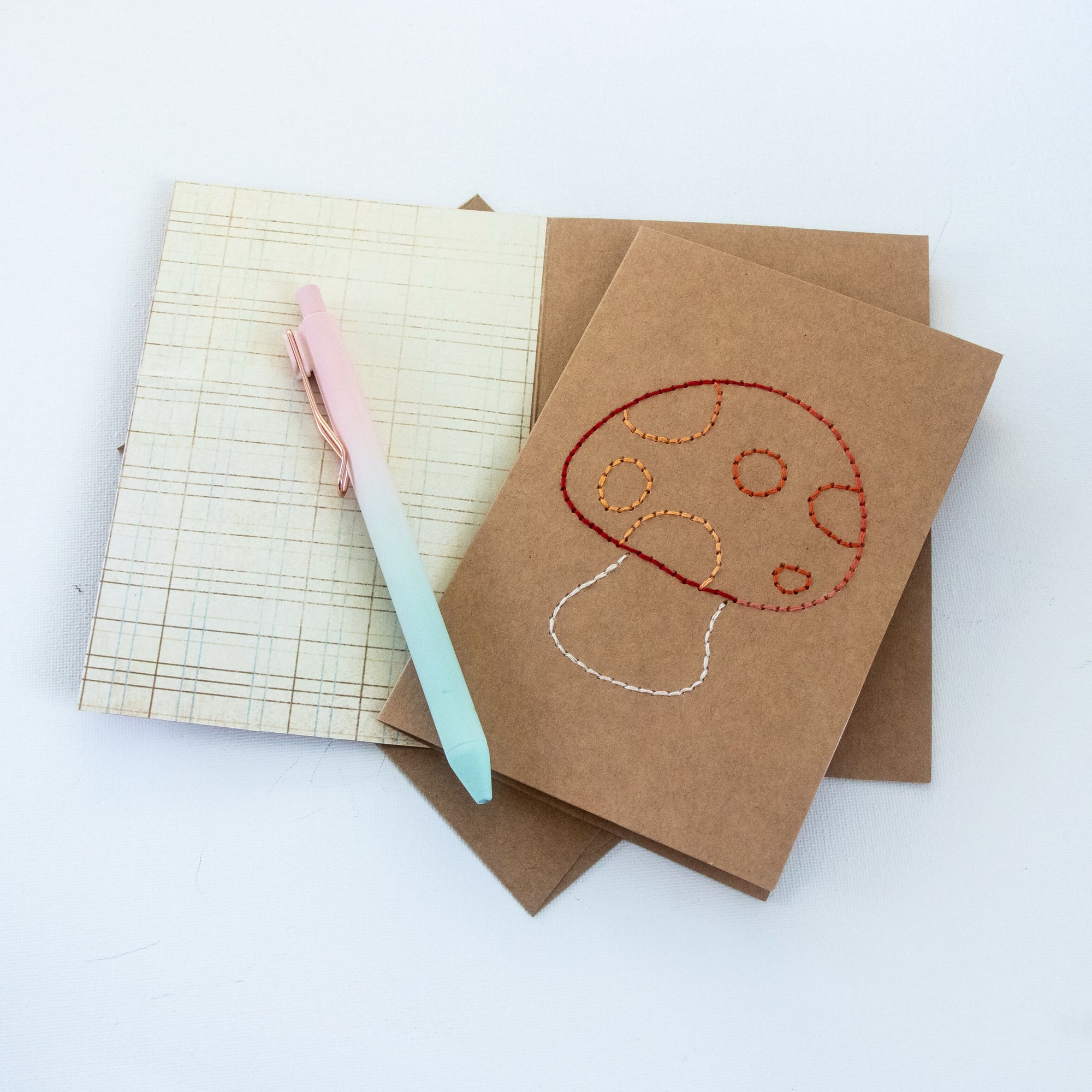 Toadstool Greeting Card with open card and pen