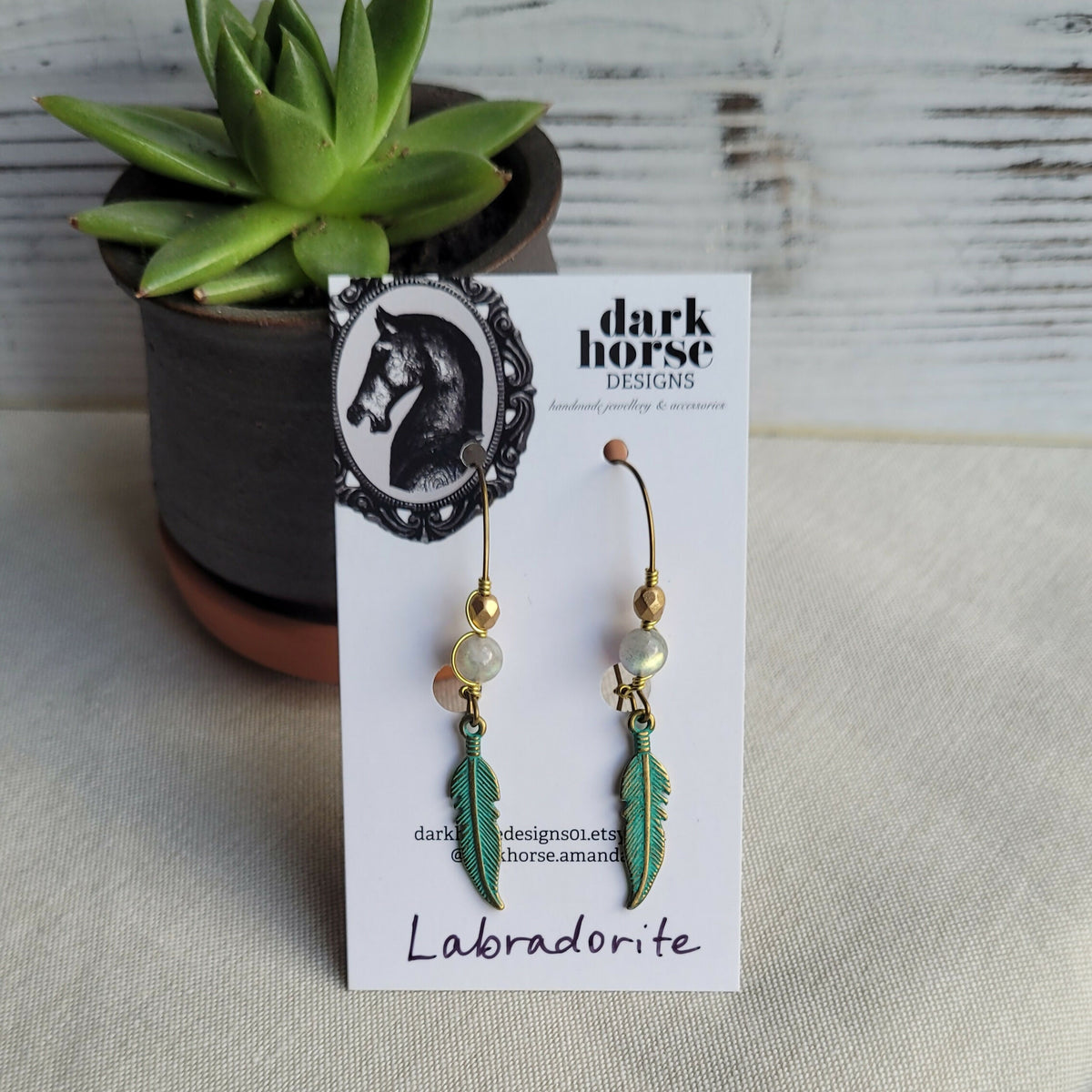 Dark Horse Designs | Feather Gemstone and Brass Earrings