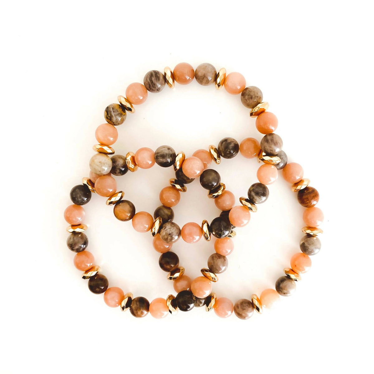 White Lotus Gems | 8mm Gemstone Bracelet Peach Moonstone and Black Sunstone