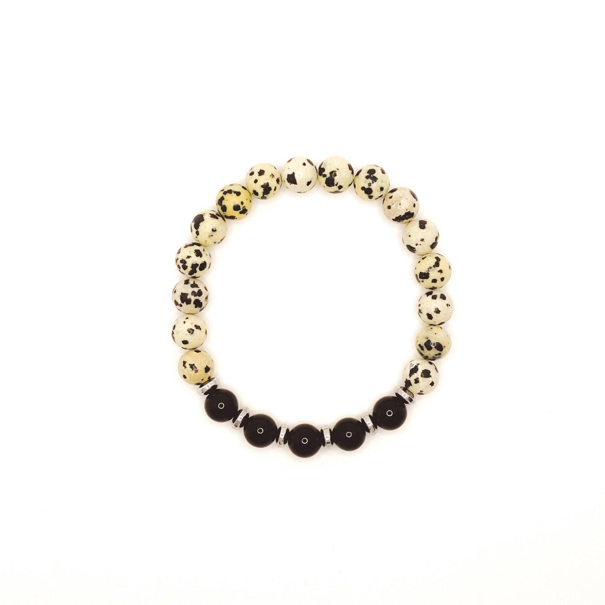 White Lotus Gems | 8mm Gemstone Bracelet Dalmatian Jasper and Black Onyx