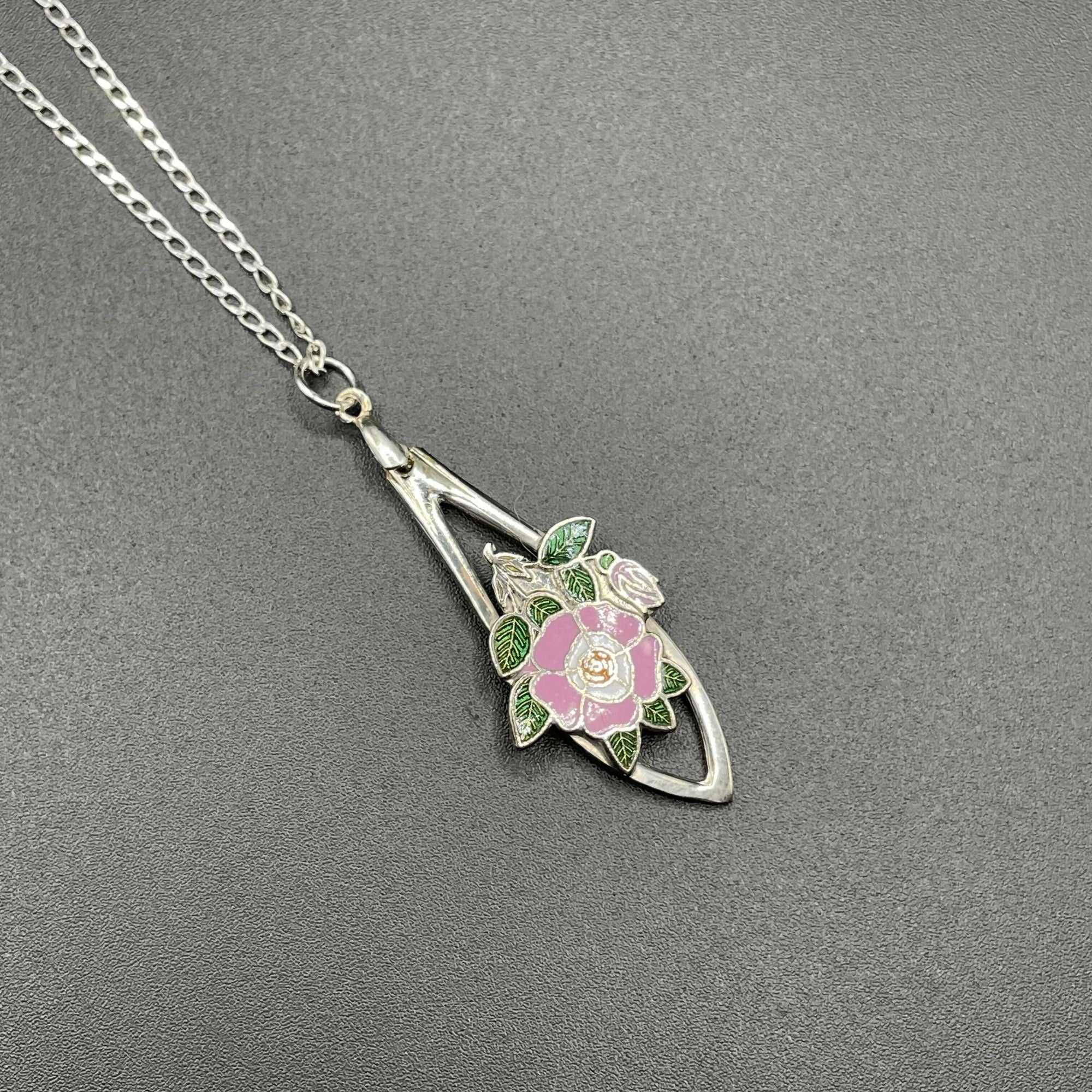 Repurposing By Glenna | Pink and Green Enamel Flower Pendant on 16" Sterling Silver Chain