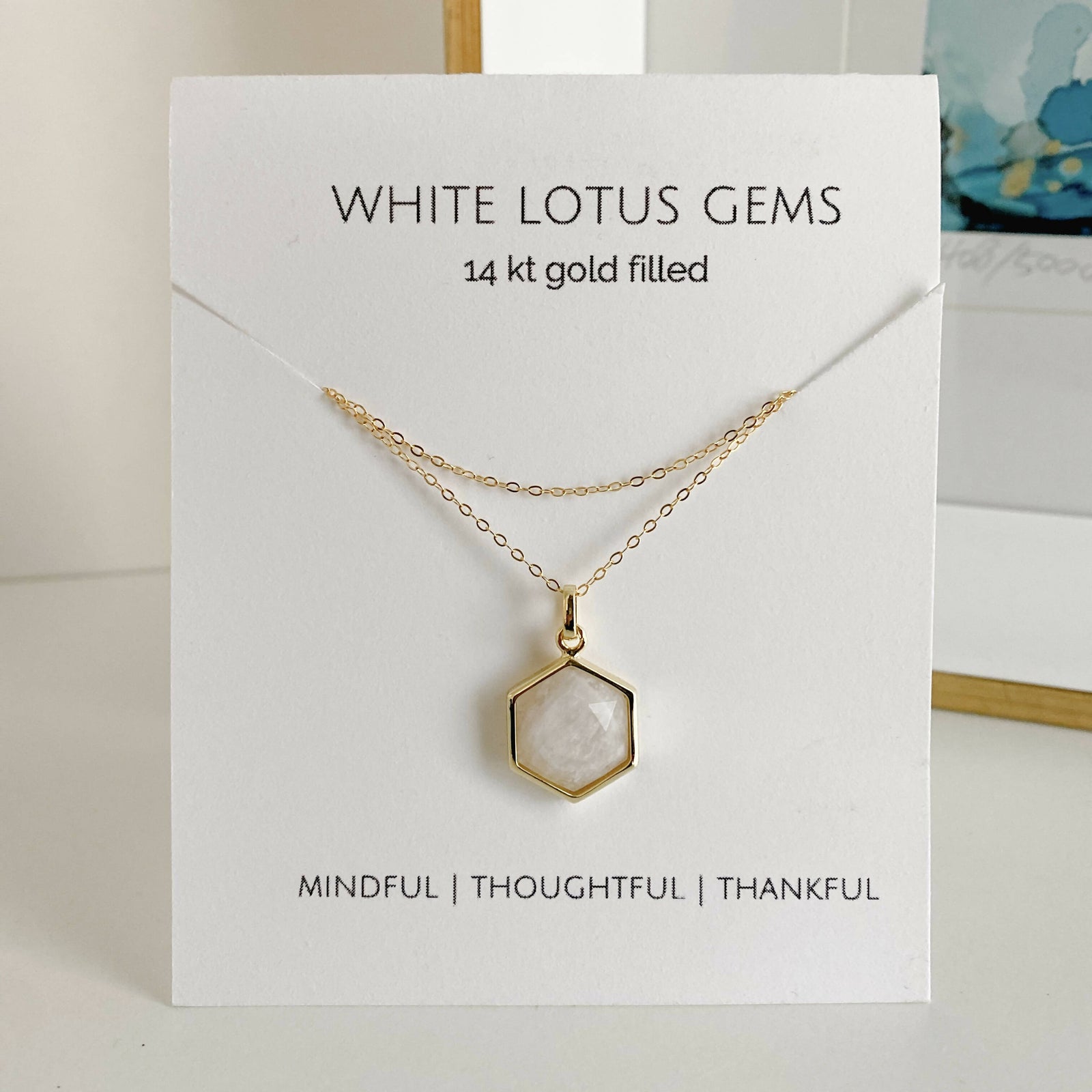 White Lotus Gems | Moonstone Hexagon or Teardrop 14kt Gold Filled Necklace